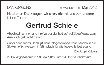 Traueranzeige von Gertrud Schiele von Schwäbische Post