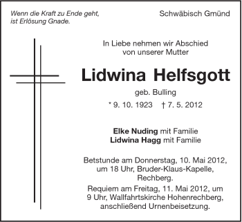 Traueranzeige von Lidwina Helfsgott von Gmünder Tagespost