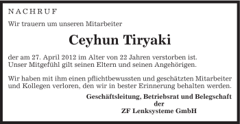 Traueranzeige von Ceyhun Tiryaki von Gmünder Tagespost