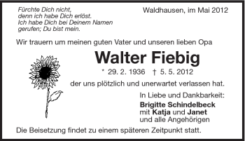 Traueranzeige von Walter Fiebig von Schwäbische Post