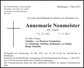 Traueranzeige von Annemarie Neumeister von Schwäbische Post
