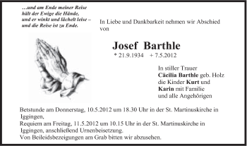 Traueranzeige von Josef Barthle von Gmünder Tagespost