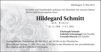 Traueranzeige von Hildegard Schmitt von Schwäbische Post