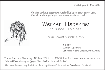 Traueranzeige von Werner Liebenow von Gmünder Tagespost