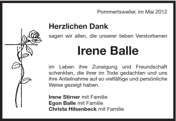 Traueranzeige von Irene Balle von Schwäbische Post