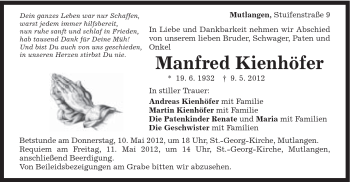 Traueranzeige von Manfred Kienhöfer von Gmünder Tagespost