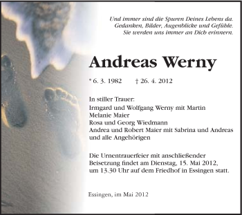 Traueranzeige von Andreas Werny von Schwäbische Post