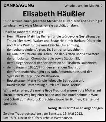 Traueranzeige von Elisabeth Häußler von Schwäbische Post