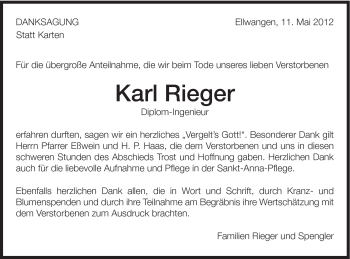 Traueranzeige von Karl Rieger von Schwäbische Post