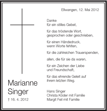 Traueranzeige von Marianne Singer von Schwäbische Post