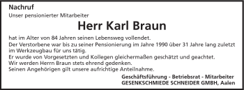 Traueranzeige von Karl Braun von Schwäbische Post