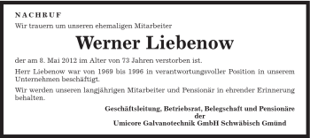 Traueranzeige von Werner Liebenow von Gmünder Tagespost