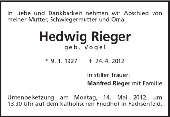 Traueranzeige von Hedwig Rieger von Schwäbische Post
