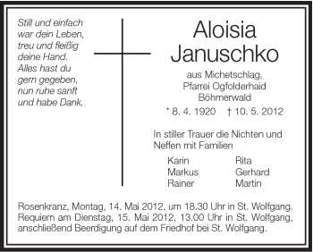 Traueranzeige von Aloisia Januschko von Schwäbische Post
