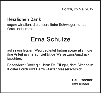 Traueranzeige von Schulze Erna von Gmünder Tagespost