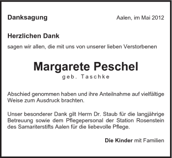 Traueranzeige von Margarete Peschel von Schwäbische Post