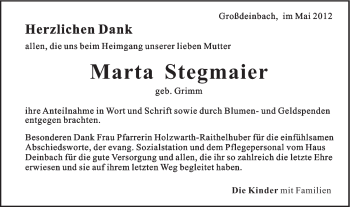 Traueranzeige von Marta Stegmaier von Gmünder Tagespost