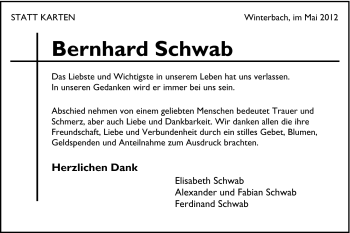 Traueranzeige von Bernhard Schwab von Gmünder Tagespost