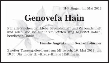 Traueranzeige von Genovefa Hain von Schwäbische Post