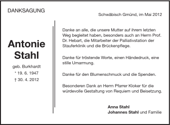 Traueranzeige von Antonie Stahl von Gmünder Tagespost