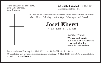 Traueranzeige von Josef Eberst von Gmünder Tagespost