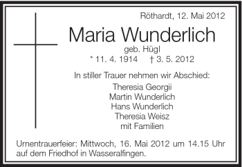 Traueranzeige von Maria Wunderlich von Schwäbische Post