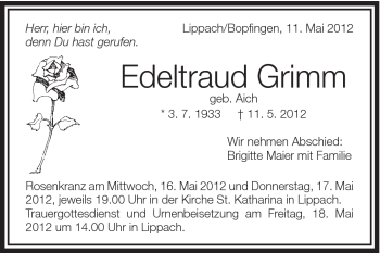 Traueranzeige von Edeltraud Grimm von Schwäbische Post