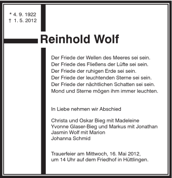 Traueranzeige von Reinhold Wolf von Schwäbische Post
