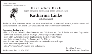 Traueranzeige von Linke Katharina von Schwäbische Post