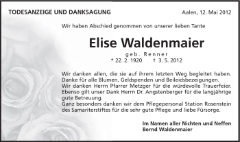 Traueranzeige von Elise Waldenmaier von Schwäbische Post