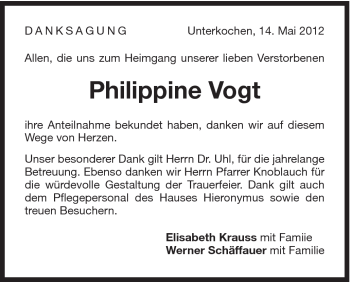 Traueranzeige von Philippine Vogt von Schwäbische Post