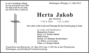 Traueranzeige von Herta Jakob von Gmünder Tagespost