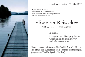 Traueranzeige von Elisabeth Reisecker von Gmünder Tagespost