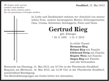 Traueranzeige von Gertrud Rieg von Gmünder Tagespost