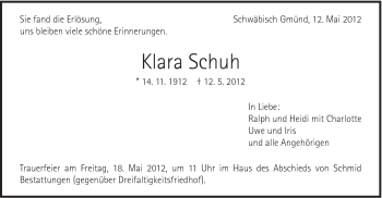 Traueranzeige von Klara Schuh von Gmünder Tagespost