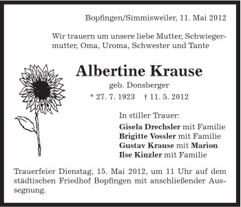 Traueranzeige von Albertine Krause von Schwäbische Post