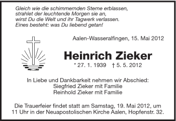 Traueranzeige von Heinrich Zieker von Schwäbische Post