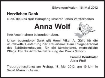 Traueranzeige von Anna Wolf von Schwäbische Post