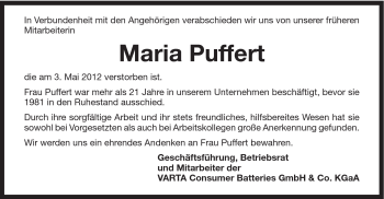 Traueranzeige von Maria Puffert von Schwäbische Post