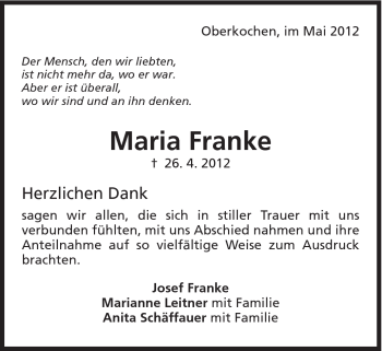 Traueranzeige von Maria Franke von Schwäbische Post