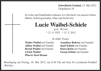 Traueranzeige von Lucie Waibel-Schiele von Gmünder Tagespost
