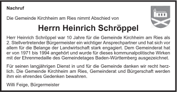 Traueranzeige von Heinrich Schröppel von Schwäbische Post