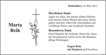 Traueranzeige von Marta Reik von Gmünder Tagespost