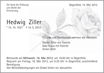 Traueranzeige von Hedwig Ziller von Gmünder Tagespost