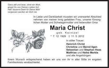 Traueranzeige von Maria Christ von Schwäbische Post