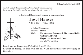 Traueranzeige von Josef Hauser von Schwäbische Post
