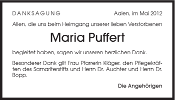 Traueranzeige von Maria Puffert von Schwäbische Post