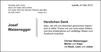 Traueranzeige von Josef Waizenegger von Gmünder Tagespost