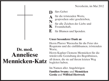 Traueranzeige von Anneliese Menniken-Katz von Schwäbische Post
