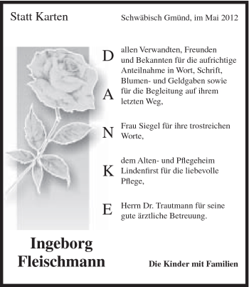 Traueranzeige von Ingeborg Fleischmann von Gmünder Tagespost
